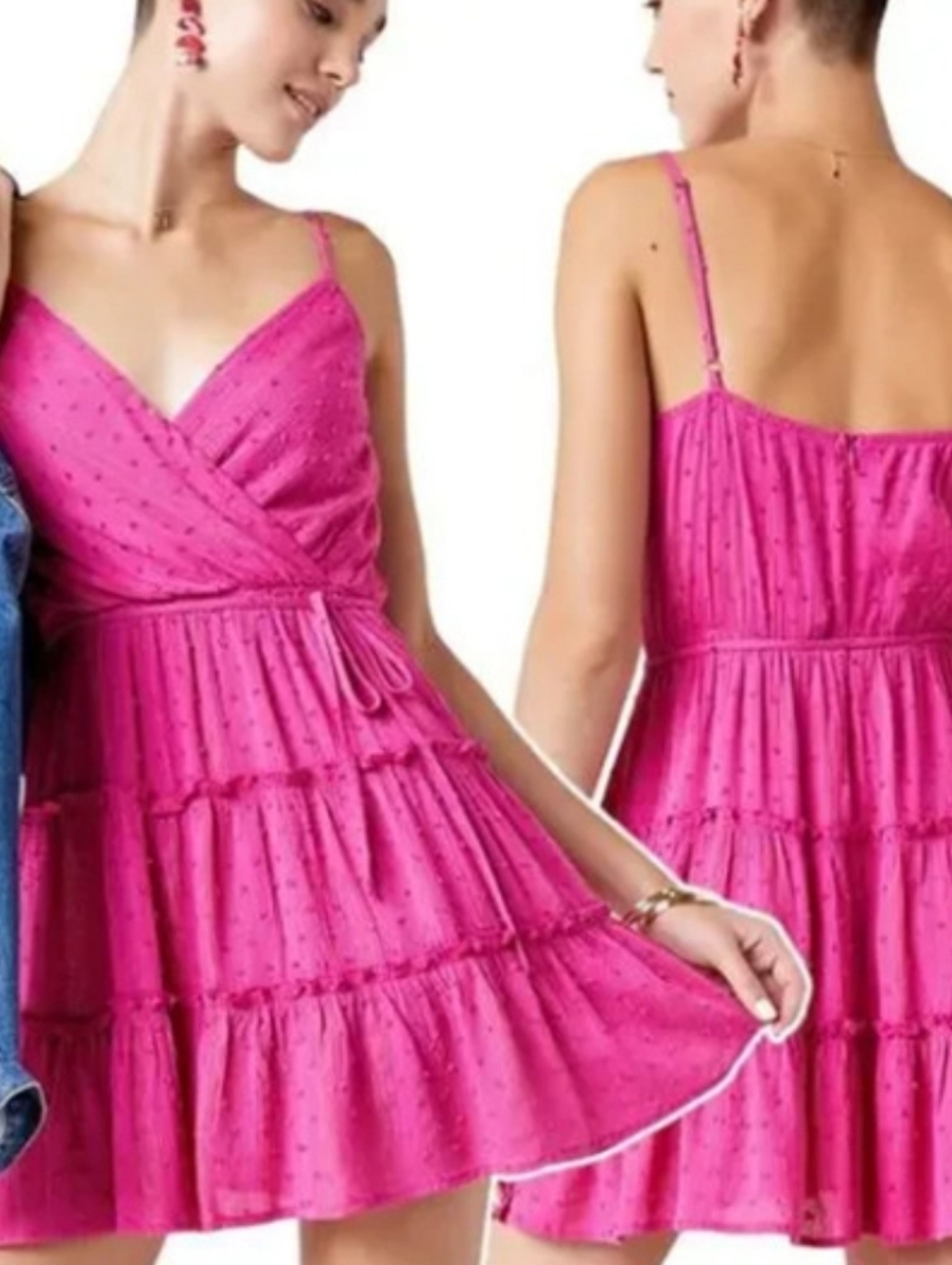 Francesca's Collections Hot Pink Tiered Wrap Mini Dress